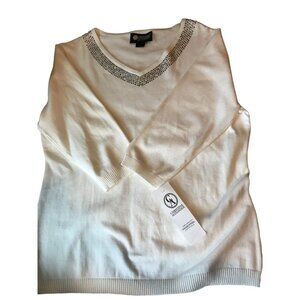 Christine Alexander XL WHITE Cotton Blend Faux Pearl Embellished V Neck 3/4 Slee